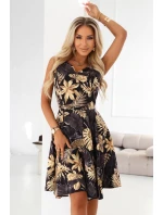 114-18 Černé midi šaty s elegantním horním dílem a rozšířenou spodní částí - zlaté listy 114-18 Černé midi šaty s elegantním horním dílem a rozšířenou spodní částí - zlaté listy