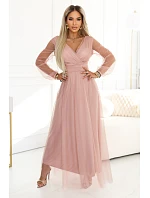 664-1 Dlouhé maxi šaty s tylovými rukávy a obálkovým výstřihem - pudrově růžové