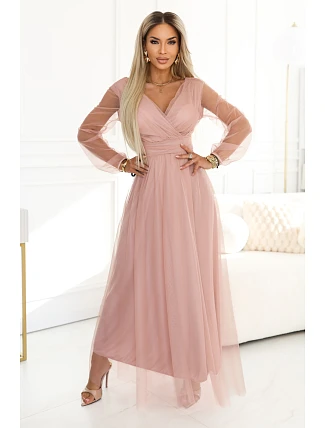 664-1 Dlouhé maxi šaty s tylovými rukávy a obálkovým výstřihem - pudrově růžové