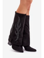 Zdobené kozačky s ohrnutým svrškem na podpatku černé Ivilta