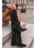 Dámské zateplené kozačky na sloupkovém podpatku s vyhrnutou holení Evyra – béžové, eko semiš