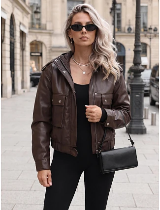Dámská kožená bunda s kapucí, hnědá, FashionStreet TY5877 Dámská kožená bunda s kapucí, hnědá, FashionStreet TY5877