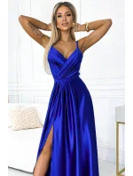 512-4 JULIET elegantní dlouhé saténové šaty s výstřihem a rozparkem na nohou - CHABRERA