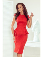 Elegantní dámské červené semišové midi šaty volánkem 192-11