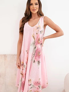 Dámské bavlněné oversize šaty s výstřihem do V a květinovým potiskem světle růžová