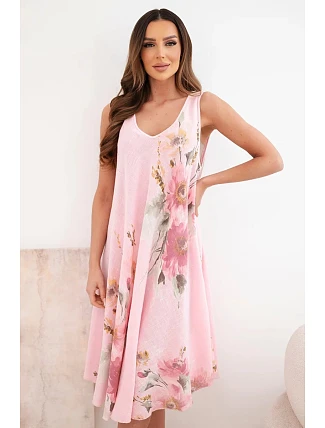 Dámské bavlněné oversize šaty s výstřihem do V a květinovým potiskem světle růžová