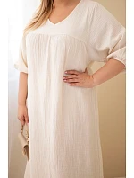 Dámské šaty Plus Size z bavlněného mušelínu s výstřihem do V béžová