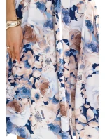 425-13 MATILDE Dámské šaty s výstřihem a krátkými rukávy - béžové a modré květy 425-13 MATILDE Dámské šaty s výstřihem a krátkými rukávy - béžové a modré květy
