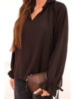 Dámská blůza z viskózy s výstřihem do V a vázáním u rukávů hnědá