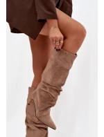 Vlněné kozačky na jehlovém podpatku z eko semiše zateplené béžové Mavella