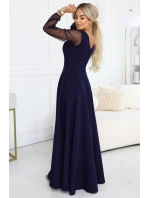 640-3 LORETTA jedinečné dlouhé šaty s tylovými rukávy a výstřihem - tmavě modré 640-3 LORETTA jedinečné dlouhé šaty s tylovými rukávy a výstřihem - tmavě modré