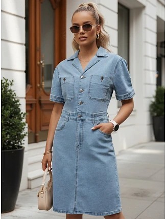 Dámské džínové šaty s krátkými rukávy, modré, FashionStreet EY2687 Dámské džínové šaty s krátkými rukávy, modré, FashionStreet EY2687