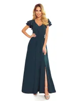 LIDIA - Dlouhé dámské šaty v lahvově zelené barvě s výstřihem a volánky 310-1