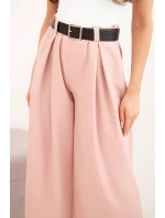 Dámské kalhoty s širokou nohavicí a páskem tmavě pudrově růžové