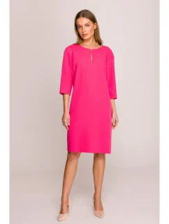 S394 Šaty uvolněného střihu s výstřihem s klíčovou dírkou - růžové