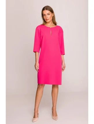 S394 Šaty uvolněného střihu s výstřihem s klíčovou dírkou - růžové