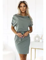 240-4 ROXI šaty s asymetrickou sukní a páskem - barva OLIVE