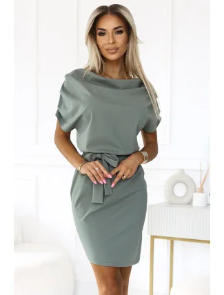 240-4 ROXI šaty s asymetrickou sukní a páskem - barva OLIVE