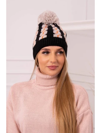 Dámská čepice s bambulí Rozalia K323 béžová+černá Dámská čepice s bambulí Rozalia K323 béžová+černá