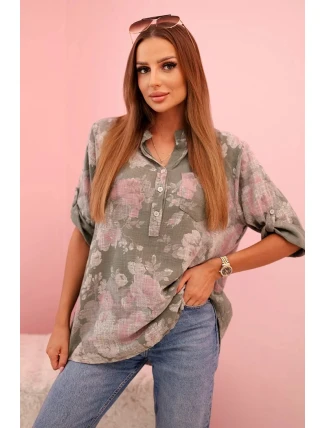 Dámská bavlněná košile s květinovým vzorem a ohrnovanými rukávy khaki