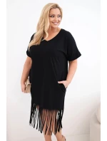 Dámské bavlněné šaty s výstřihem do V a třásněmi Plus Size černá