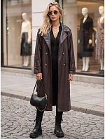 Dlouhý dámský dvouřadý kabát s páskem, tmavě hnědý, FashionStreet NY0781
