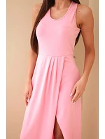 Dámské bavlněné midi šaty bez rukávů s řasením světle růžové