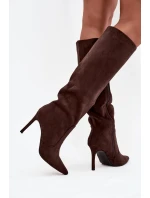 Zateplené dámské kozačky na jehlovém podpatku z eko semiše čokoládové Rosavine Zateplené dámské kozačky na jehlovém podpatku z eko semiše čokoládové Rosavine