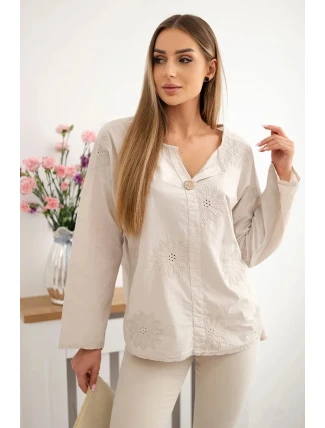 Košilová halenka s vyšívaným vzorem béžový