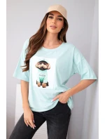 Dámská bavlněná oversize halenka s krátkým rukávem a potiskem mentolová