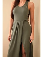 Dámské bavlněné midi šaty bez rukávů s řasením khaki