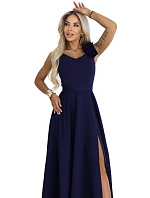 643-4 Elegantní večerní maxi šaty s rozparkem a růžemi - tmavě modré