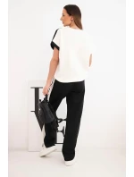 Dámský máslový komplet s oversize mikinou a širokými kalhotami ecru + černý