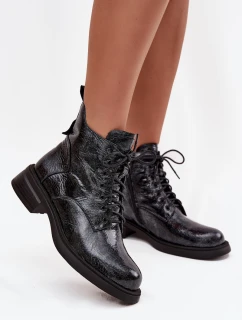 Lakované kožené dámské kotníkové boty na klínu D&A LZ52-954 tmavě modré