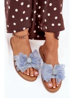 Dámské pantofle na nízkém podpatku s tylovou mašlí – denimové