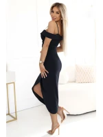 564-11 CALLIE Midi šaty s odhalenými rameny a výstřihem - černé 564-11 CALLIE Midi šaty s odhalenými rameny a výstřihem - černé