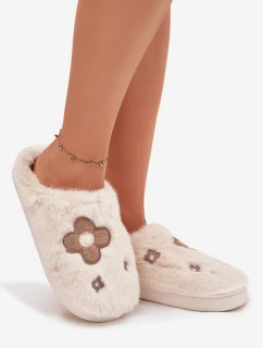 Dámské chlupaté papuče s květinami – béžové Selinne