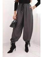 Dámské kalhoty s širokou nohavicí a zavazováním dole grafitové