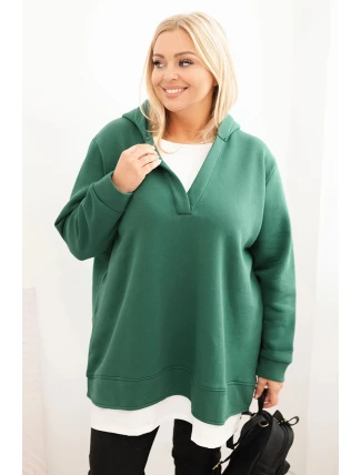 Dámská mikina s kapucí a véčkovým výstřihem Plus Size zateplená tmavě zelená