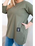 Dámská blůza Plus Size s delším zadním dílem a dlouhým rukávem khaki