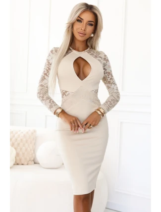 621-1 Tužkové šaty s krajkovými rukávy a smyslným výstřihem - béžové 621-1 Tužkové šaty s krajkovými rukávy a smyslným výstřihem - béžové