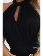 662-2 Elegantní maxi večerní šaty na ramínka s tylem a zavazováním v pase - černé