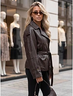 Dámská dvouřadá bunda z ekokůže s páskem, hnědá, FashionStreet TY5912