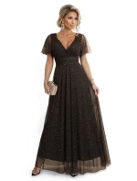 635-4 MELANIA dlouhé lesklé šaty s výstřihem a krátkými rukávy - čokoládové 635-4 MELANIA dlouhé lesklé šaty s výstřihem a krátkými rukávy - čokoládové