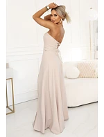 663-1 ELARA korzetové maxi šaty s rozparkem a zavazováním na zádech - béžové