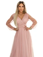 664-1 Dlouhé maxi šaty s tylovými rukávy a obálkovým výstřihem - pudrově růžové