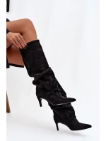 Zmačkané kozačky na jehlovém podpatku z ekzem veluru vyhřívané černé Mavella