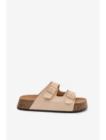 Dámské pantofle na korkové platformě se zlatými sponami světle béžové Tovessa