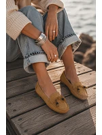 Dámské Mokasíny Ploché S Mašlí A Fringingem Imitace Semiš Camel Bluebell