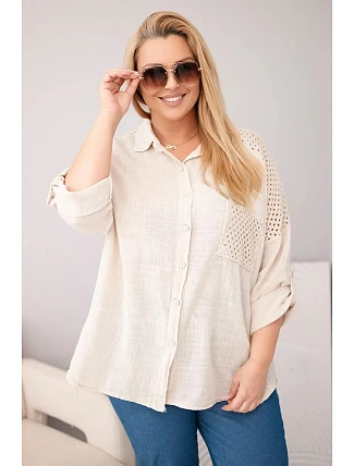 Dámská bavlněná košile Plus Size s límečkem a krajkovou vsadkou béžová